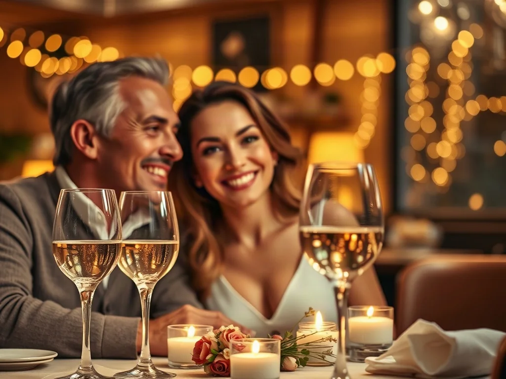 Szczęśliwa para świętująca rocznicę ślubu przy romantycznej kolacji w restauracji przy świecach.