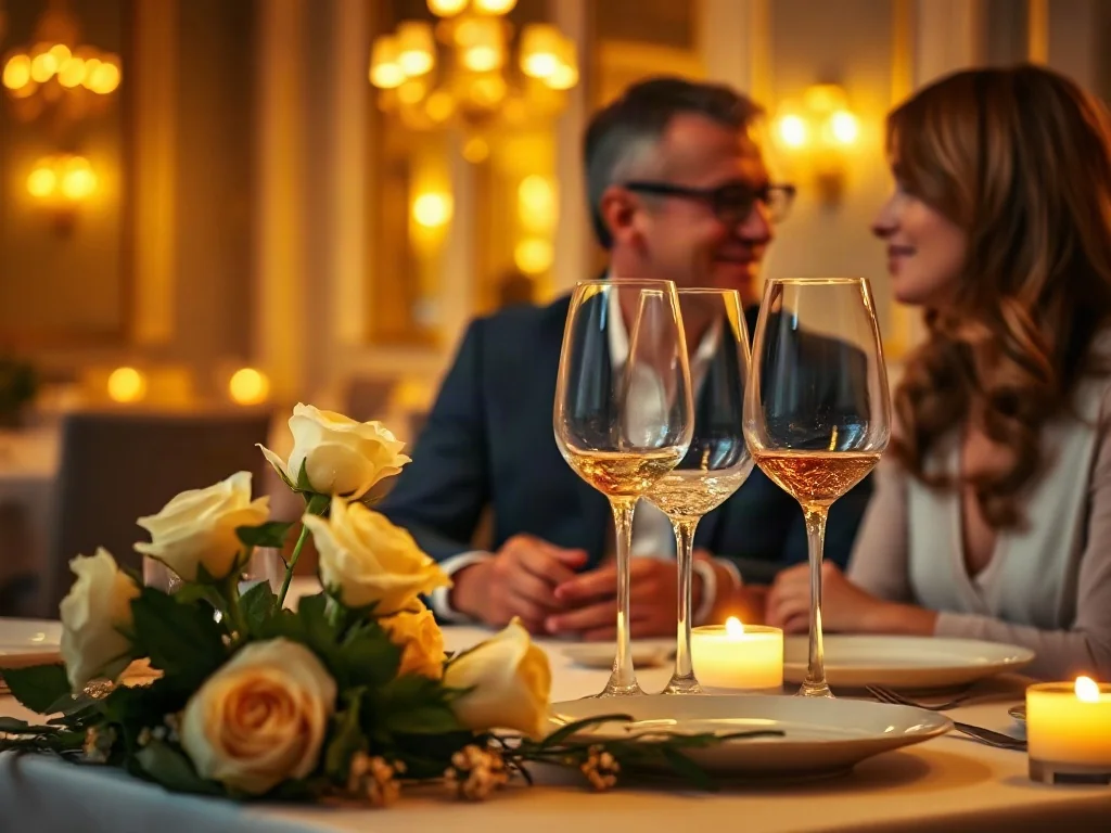 Romantyczna kolacja przy świecach z winem i kwiatami, idealna na świętowanie rocznicy ślubu w eleganckiej restauracji.