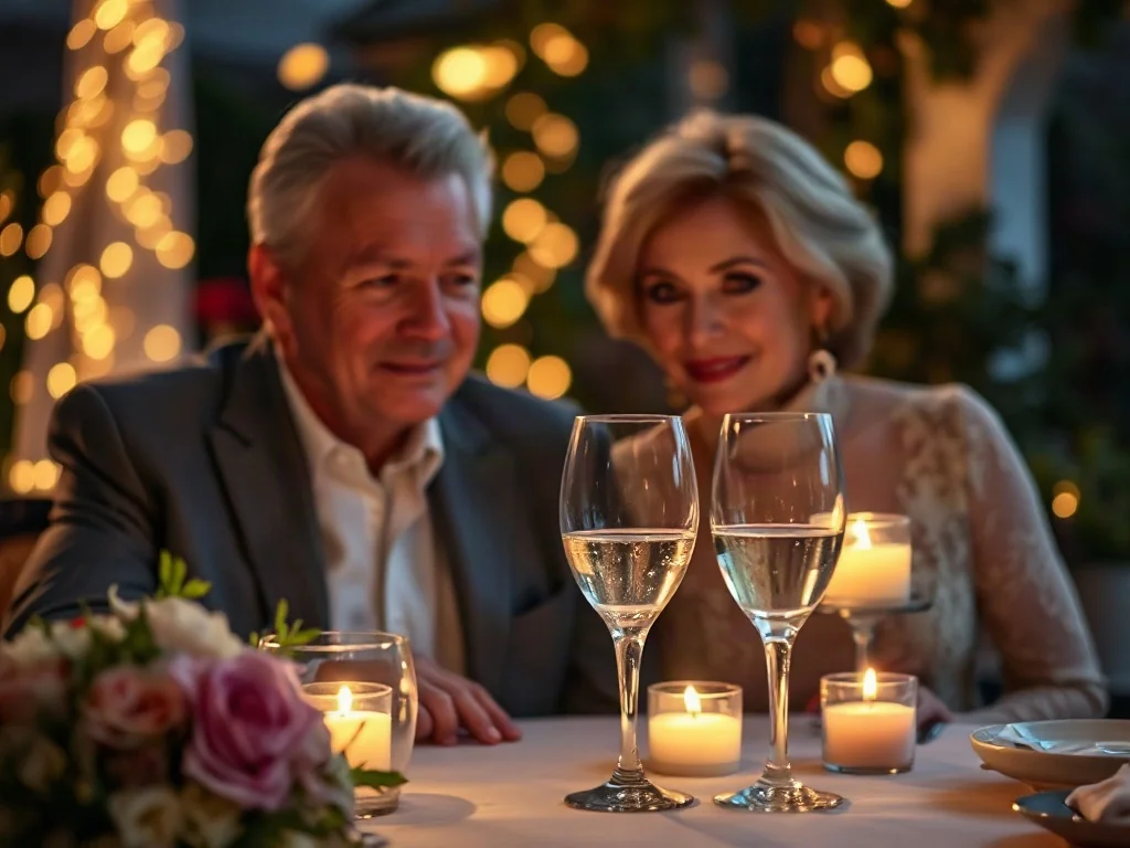 Elegancka starsza para świętująca rocznicę ślubu przy romantycznej kolacji w blasku świec w ogrodzie.