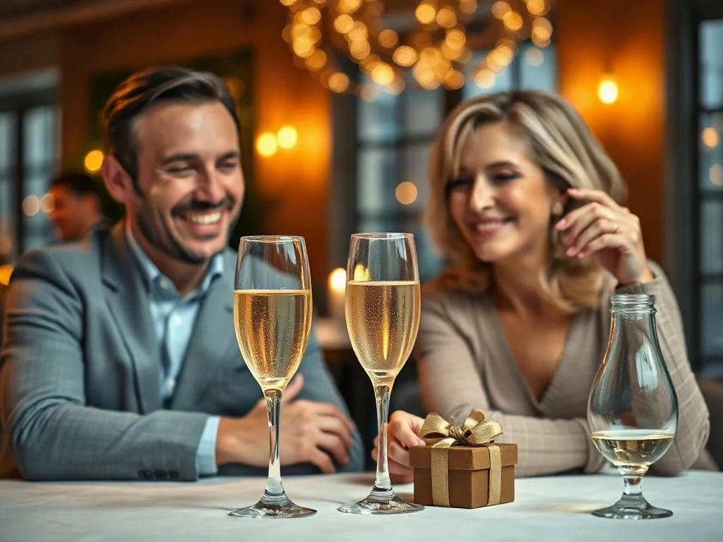 Szczęśliwa para w średnim wieku świętuje rocznicę ślubu przy eleganckim stoliku z winem i prezentem w romantycznej scenerii.