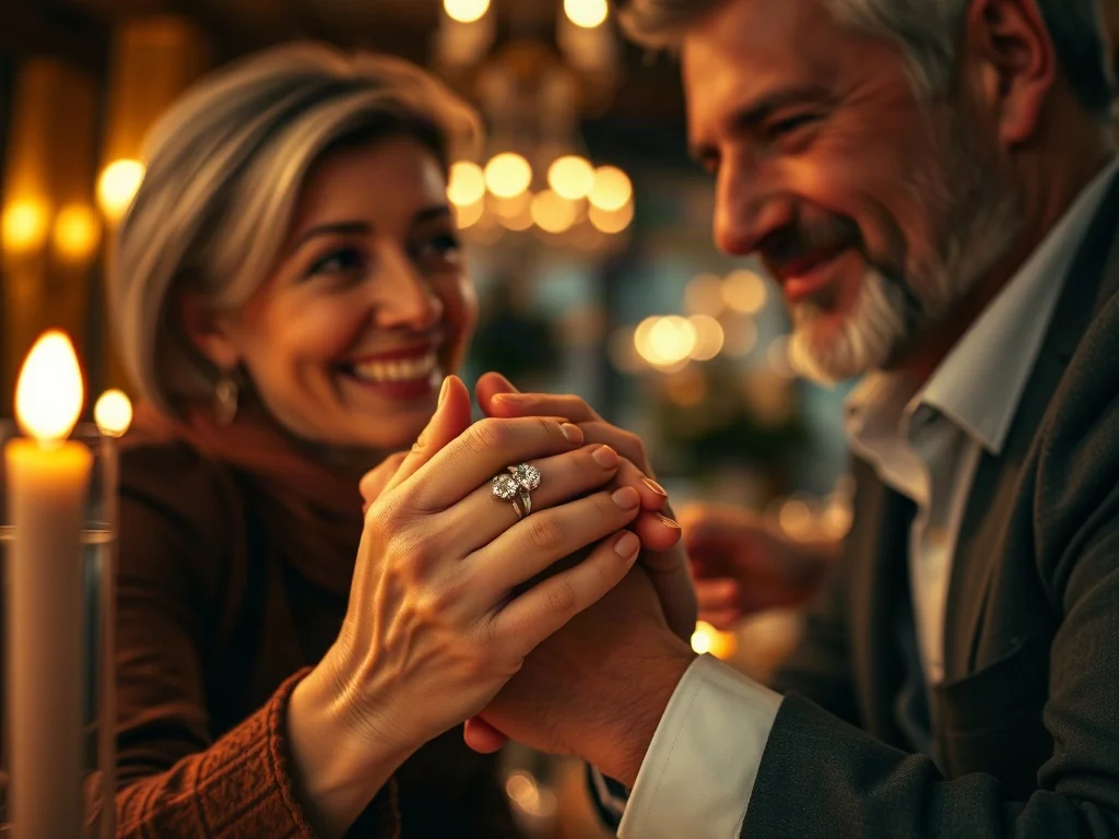 Szczęśliwa para w średnim wieku trzymająca się za ręce w eleganckiej restauracji, eksponująca srebrną obrączkę.