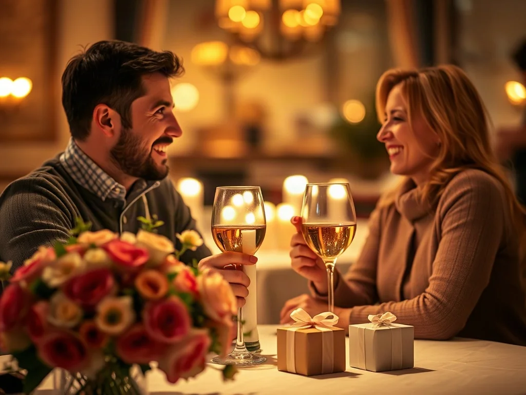Szczęśliwa para świętująca rocznicę ślubu przy romantycznej kolacji z winem i prezentem w eleganckiej restauracji.