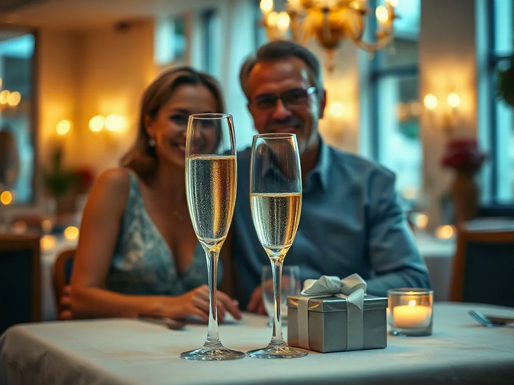 Szczęśliwa para świętująca srebrne gody przy romantycznej kolacji z szampanem i prezentem w eleganckiej restauracji.
