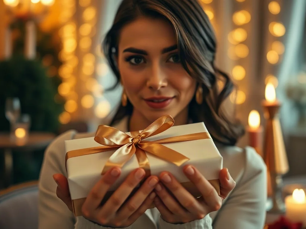 Elegancka kobieta trzyma prezent w ozdobnym opakowaniu przy romantycznej kolacji przy świecach z okazji rocznicy ślubu.