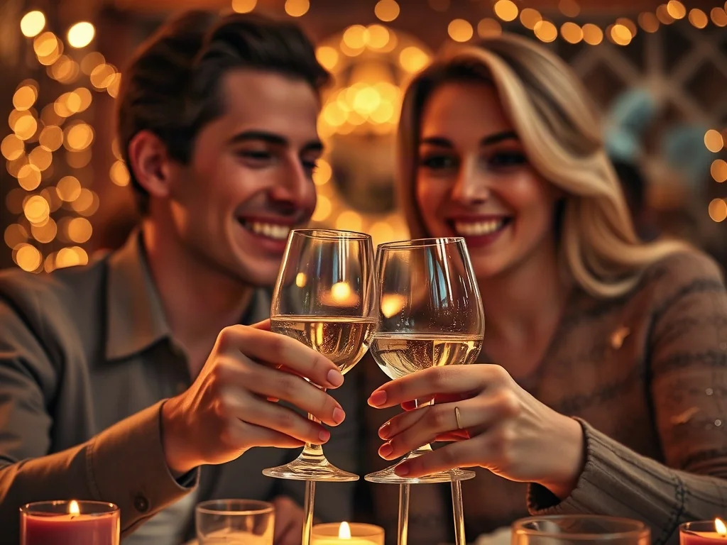 Szczęśliwa para wznosząca toast kieliszkami wina podczas romantycznej kolacji przy świecach z okazji rocznicy ślubu.