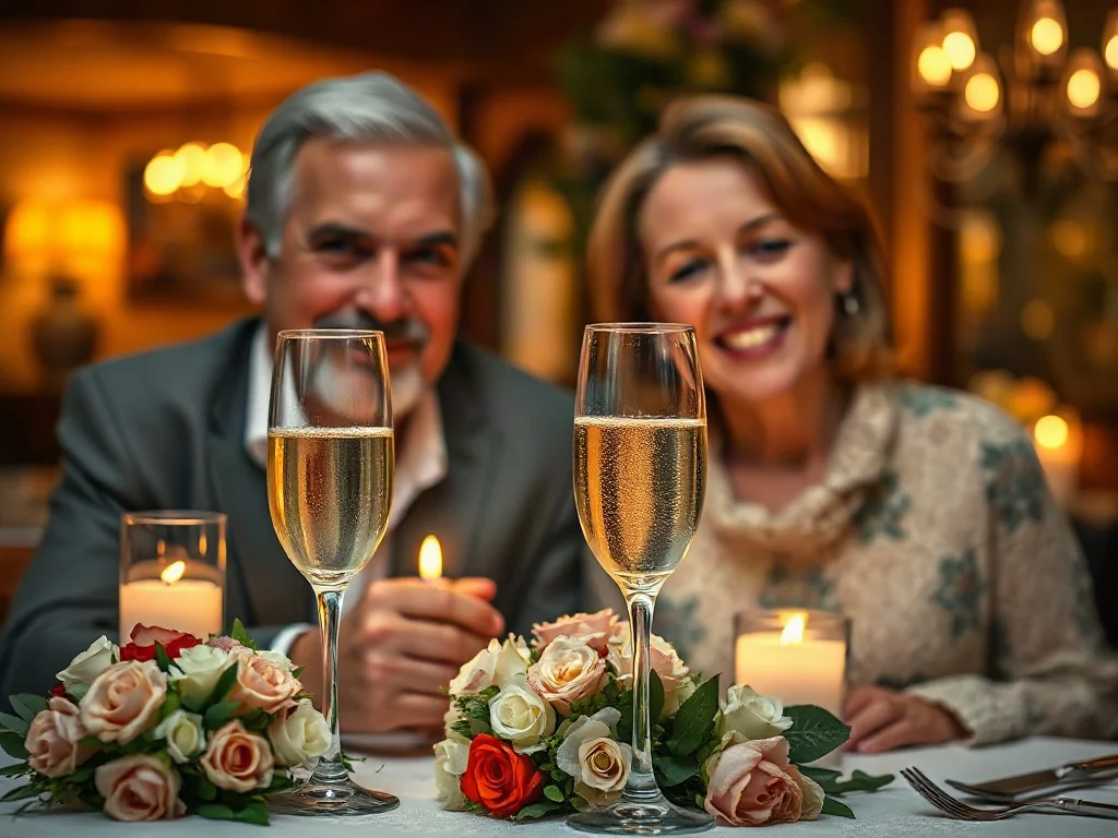 Para w średnim wieku świętuje rocznicę ślubu przy romantycznej kolacji z winem i kwiatami w eleganckiej restauracji.