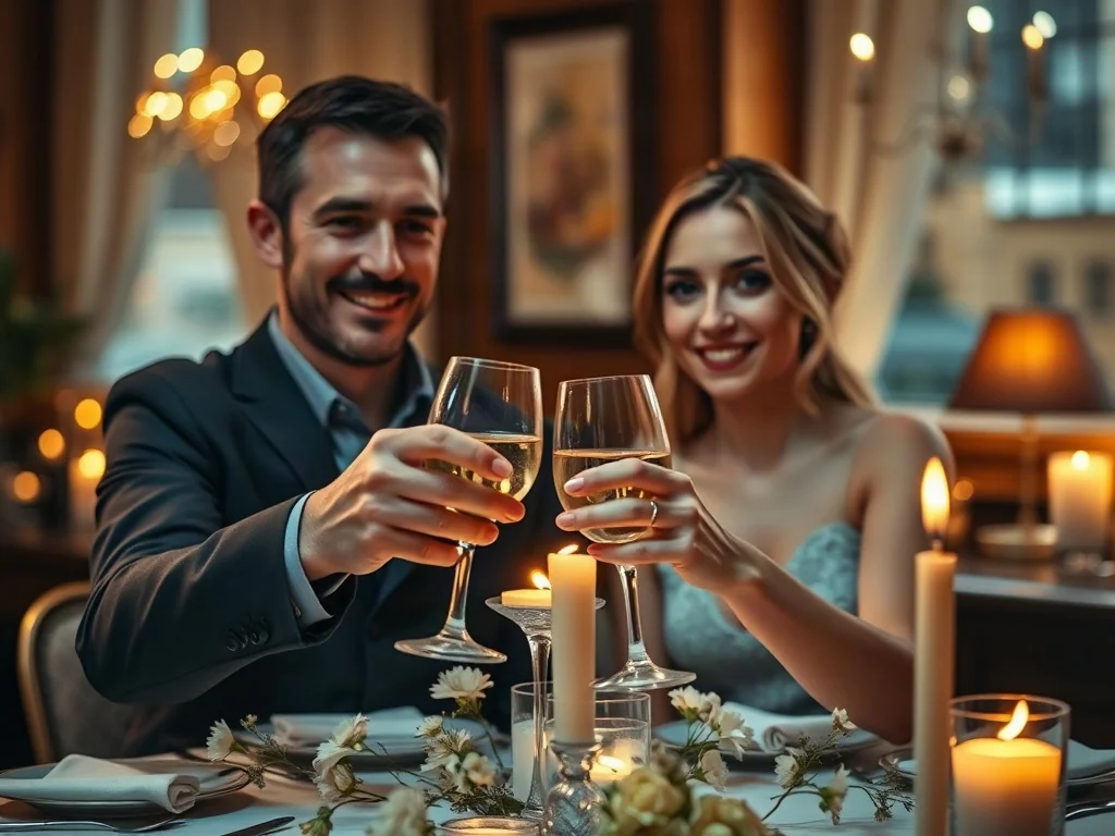 Para świętująca rocznicę ślubu przy romantycznej kolacji z winem i świecami w eleganckiej restauracji.