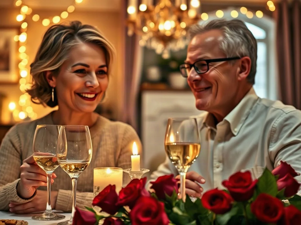 Para w średnim wieku celebruje rocznicę ślubu podczas romantycznej kolacji przy świecach w przytulnym salonie.