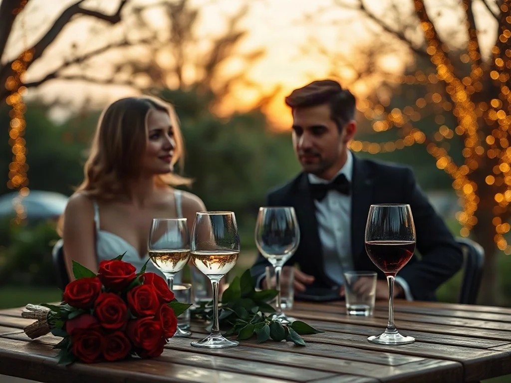 Romantyczna kolacja w ogrodzie przy winie i różach, idealna na świętowanie 10. rocznicy ślubu w eleganckim stylu.