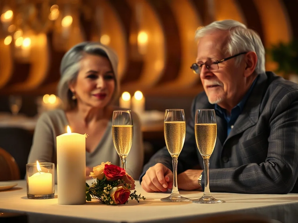 Para w średnim wieku świętuje 45. rocznicę ślubu przy romantycznej kolacji z szampanem w eleganckiej restauracji.